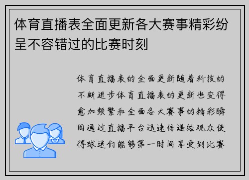 体育直播表全面更新各大赛事精彩纷呈不容错过的比赛时刻