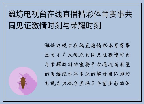 潍坊电视台在线直播精彩体育赛事共同见证激情时刻与荣耀时刻